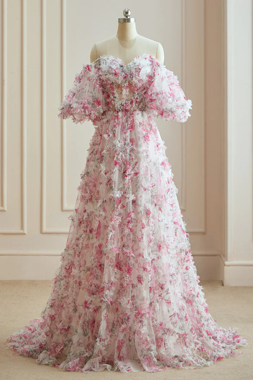 Wholesale A Line Sweetheart Ruffles Sweep Train Floral Printed Chiffon Prom Dresses